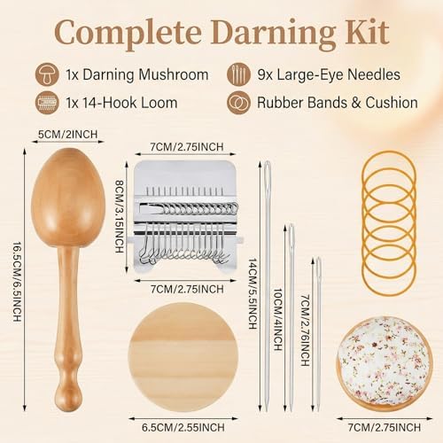 Mini Darning Loom Machine with Wood Darning Egg - 14 Hooks Speedweve Style Weaving Kit, 50 Colors Thread & 9 Large Eye Needles - Complete Sock Mending Kit for DIY Craft, Repairing Holes & Jeans - Image 7
