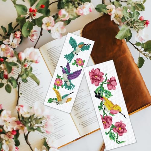 BEUNITONE 6 Pcs Cross Stitch Bookmark Kit for Beginner Vintage Flower Hand Embroidery Kit with Instruction Hummingbird Stamped Embroidery Bookmarks Handmade for DIY Crafts Book Lovers 8.5''x3'' - Image 7