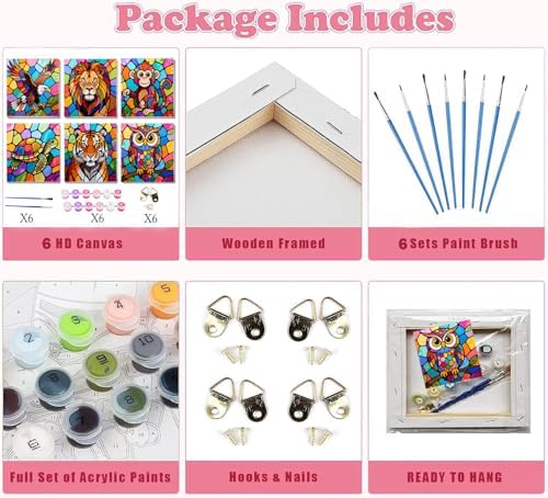 SYDYLH 6 Pack Paint by Numbers Kit for Kids Ages 4-12 / Adult/Teen, Easy DIY Animal Painting Kit with Frame, Beginner Acrylic Paint by Number Canvas 8x8 Inch for Boys Girls Arts Crafts Gift - Image 6