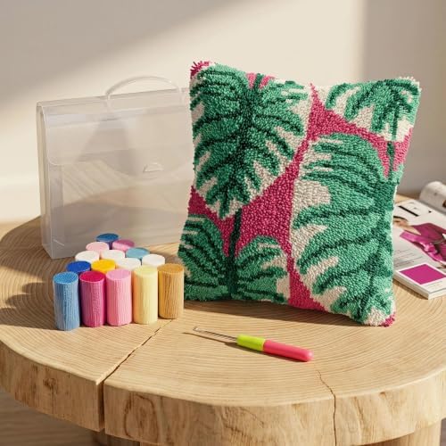 Latch Hook Kits for Adults Beginner,17x17 inch Butterfly Floral DIY Crochet Pillow Cover Kit Pre-Printed Pillowcase Hook and Latch Kit Needlework Cushion Cover for Home Sofa Decor (Monstera Leaf) - Image 2