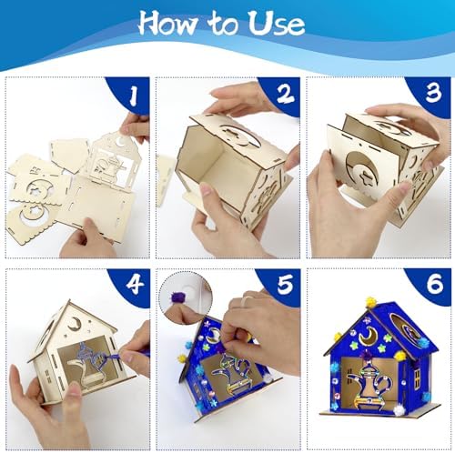 MUOUAKATE 9PCS Ramadan Crafts Wooden House with 24 Paint Pens, Ramadan Activities for aldults, Islamic DIY Ramadan Goodies for Eid Mubarak Gifts Favors Party Supplies Bulk Decorations - Image 4