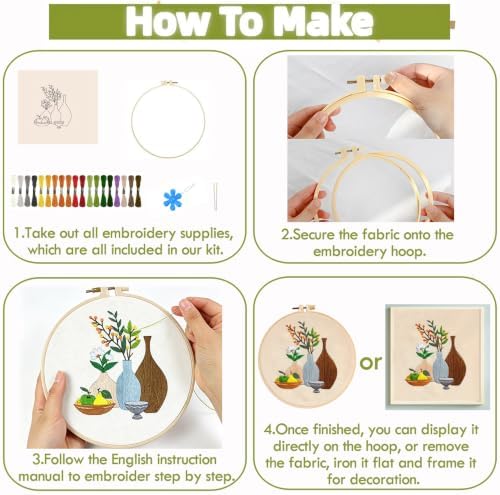 5 Pack Bohemian Beginner Embroidery Set, Floral Vase Design, Complete Threads & Tools with Guide, DIY Home Decoration & Gift - Image 6