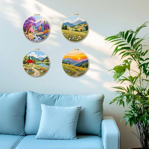 BEUNITONE 4 Set Fairy Tale Landscape Embroidery Kit for Beginners 7.9"x7.9" Pre-Stamped Pattern Needlepoint Kits with Hoop, Tools & Instruction, Handamde Embroidery Kits for Fabric and Home Decor - Image 7