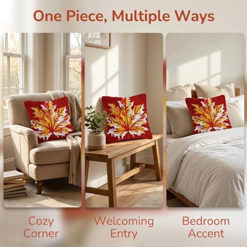 Latch Hook Kits for Adults Beginner,17x17 inch Butterfly Floral DIY Crochet Pillow Cover Kit Pre-Printed Pillowcase Hook and Latch Kit Needlework Cushion Cover for Home Sofa Decor (Maple Leaf) - Image 3