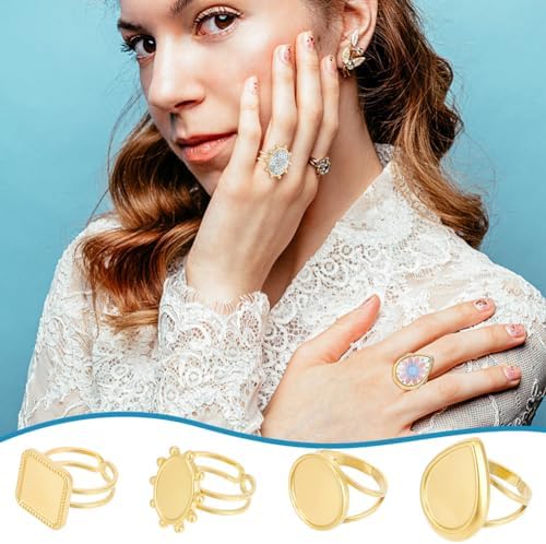 UNICRAFTALE 8Pcs 4 Styles DIY Golden Blank Ring Stainless Steel Open Cuff Ring Making Kit Real 18K Gold Plated with Glass Cabochons Rings 16.9mm Base Ring Bezel Tray for Jewelry Making - Image 6