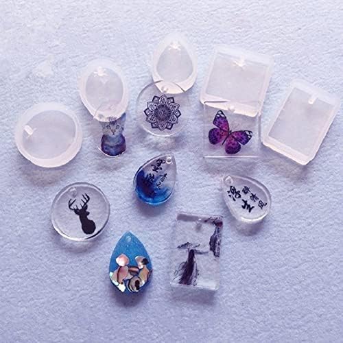Resin Molds for Keychain, Qtopun Water Drop Shape Round Rectangle Oval Square 10pcs Jewelry Epoxy Silicone Molds with Hole 10 Pcs Keychain for Pendant Eardrop Keychain DIY Craft Making - Image 5