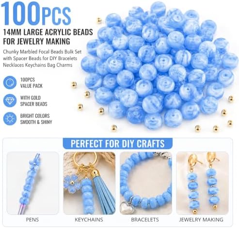 100Pcs 14mm Large Acrylic Beads for Jewelry Making, Chunky Marbled Round Focal Beads Bulk Set with Spacer Beads for DIY Bracelets Necklaces Keychains Bag Charms (Light Blue) - Image 5