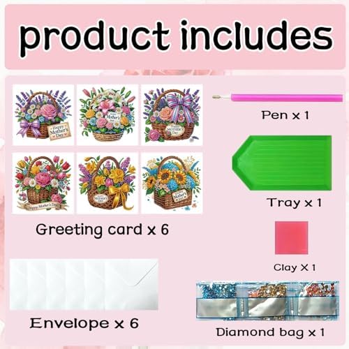 6Pcs Mother's Day Greeting Card DIY Diamond Art Painting Greeting Cards Special Shaped Diamond Blessing Folding Card Kit Arts Crafts for Holiday Festival-Flower Basket - Image 7