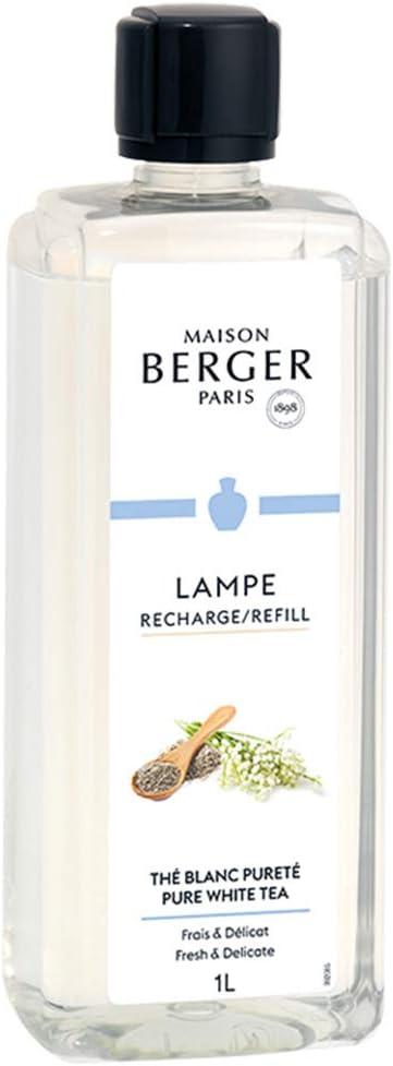 Maison Berger Pure White Tea Lampe Berger Refill, 1 Liter (33.8 fl oz), 2-in-1 Catalytic System, Neutralizes Odors and Diffuses Fragrance, Blackcurrant, Bergamot, White Tea, Made in France