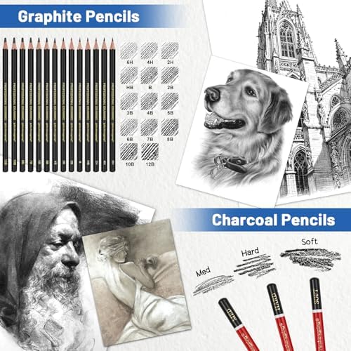 78pcs Drawing Kit Sketching Set Art Supplies with 3-Color Sketchbook Colorful Portable Case Colored Graphite Charcoal Watercolor Mettallic Pencil sketch draw gift set for Artist Adult Beginner - Image 7