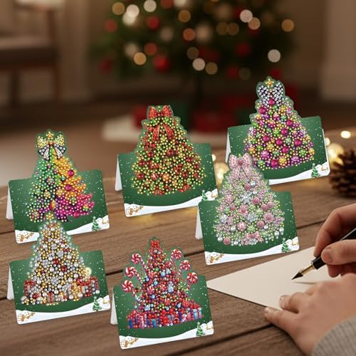 jinglinhh 6pcs Diamond Art Painting Christmas Tree Greeting Cards with Envelopes, DIY Card Making Kits for Adults, Diamond Art Christmas Cards for Birthday Holiday Postcards - Image 7