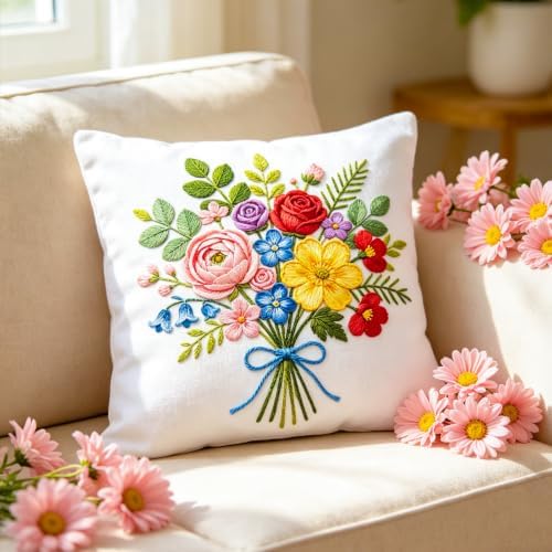 BEUNITONE 4pcs Embroidery Kit, Flower Stamped Embroidery Kits with Hoop, Thread & Needles, Colorful Bouquet Cross Stitch Kits Sewing Gifts for Adults and Beginners, DIY Craft for Relaxation - Image 7