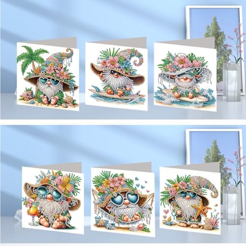 FRANDEK 6pcs Beach Gnome DIY Diamond Art Painting Greeting Cards for Adults - Image 7