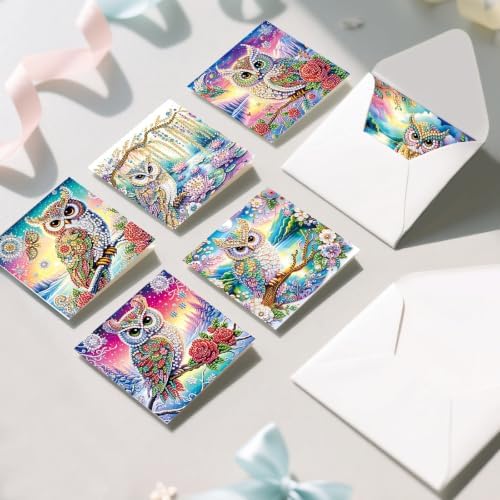 6PCS Owl Diamond Art Painting Greeting Cards Kit with Envelopes - 5D DIY Diamond Art Card Kits for Adults - Handcrafted Postcards for Birthday & Holiday - Image 7