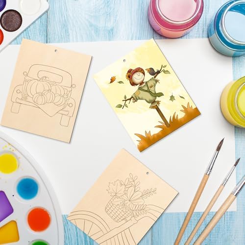 COCHIE 10PCS Large Fall Unfinished Wood Crafts to Paint for Adults, Bulk Predrilled Wooden Ornaments for Painting, Pumpkin Scarecrow Maple Leaf Paintable Wood Slices Craft Supplies with Ropes - Image 7