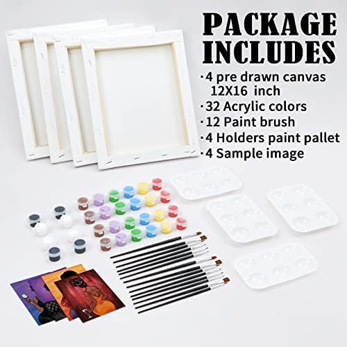 VOCHIC 4 Pack Pre Drawn Canvas Painting Kit for Adults Paint and Sip Party Supplies 12x16 in 8 Acrylic Colors, Brushes, Pallet Chic Girl Art Set - Image 5