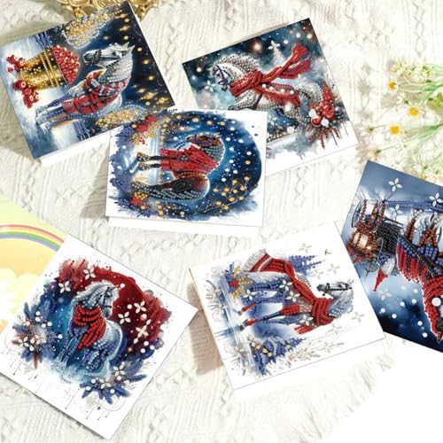 Diamond Art Christmas Cards Kit, 6PCS DIY Diamond Painting Christmas Cards with Envelopes, 5D Diamond Dot Greeting Cards for Adults, Xmas Card for Holiday Crafting Gifts (Christmas Horse) - Image 7
