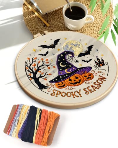 TINDTOP Halloween Embroidery Kit for Adult, Embroidery DIY Starter Kit, with Stamped Patterns, Hoop, Tools, Colorful Threads with Needles, Instructions (Halloween A) - Image 7