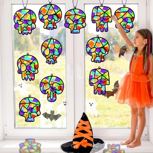 Lonfliness 32 Sets Sugar Skull Suncatchers Crafts Kit DIY Day of The Dead Window Stained Glass Effect Paper Halloween Dia de Los Muertos Easter Art Craft Creative Activity Project Gift Favor - Image 6