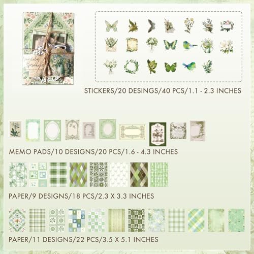 OKUPAN Scrapbook Supplies Kit – 100PCS Vintage Cottagecore Floral Scrapbook Paper & Stickers, 4 Sizes Pastoral Scrapbooking Supplies for Journaling, Card Making & DIY Gifts (Green) - Image 7