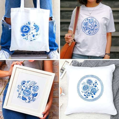 BEUNITONE 4 Set Embroidery Kit for Beginners, Blue Flower Cross Stitch Kits, Needlepoint Kits for Adults with Instructions and Full Kit, Classical Hand Embroidery Patterns for Cloth and Home Decor - Image 7