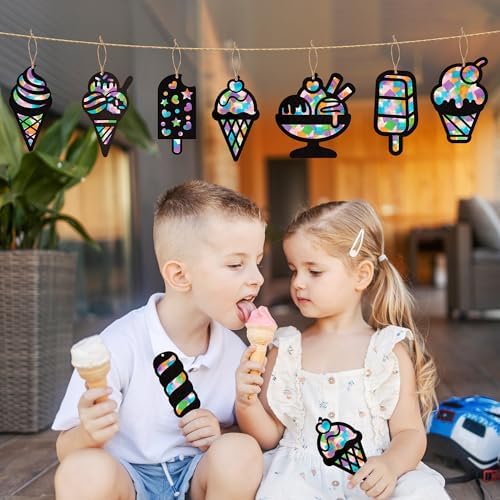 CJiangpo 24 Sets Summer Ice Cream Suncatcher Paper Craft Kits, DIY Stained Glass Effect Window Ornament Rainbow Tissue Paper Art Craft for Kids Classroom Activities Supplies Summer Party Decor Favor - Image 7