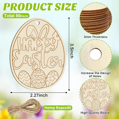 80PCS Wooden Easter Ornaments to Paint, 10 Styles DIY Blank Unfinished Wood Egg Cutouts Ornament for Crafts Hanging Decorations Happy Easter Hallow Egg Rabbit Bunny Butterfly Flower Hen - Image 7