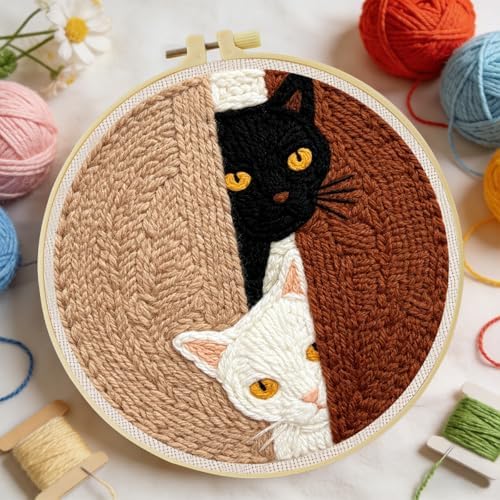 ZuoAnLF Punch Needle Kit Beginners Adults, DIY Easy Animal Embroidery Set for Starter Art Craft, Needling Punching Project with Patterns, Tools, Yarns, Hoop, Instruction (Kissing Cat) (Two Cats) by ZuoAnLF