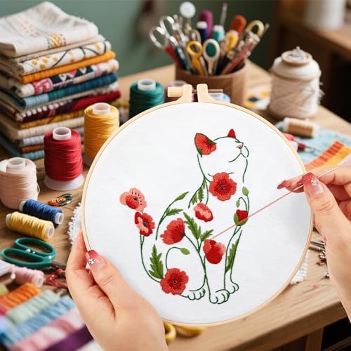 Crafmanoe Cat Embroidery Kits for Beginners Adults, Flowers Embroidery Starter Kits, Counted Cross Stitch Kits for Beginners Adults Hobbies Set for Women, Embroidery Hoops, Thread and Video Tutorial - Image 7