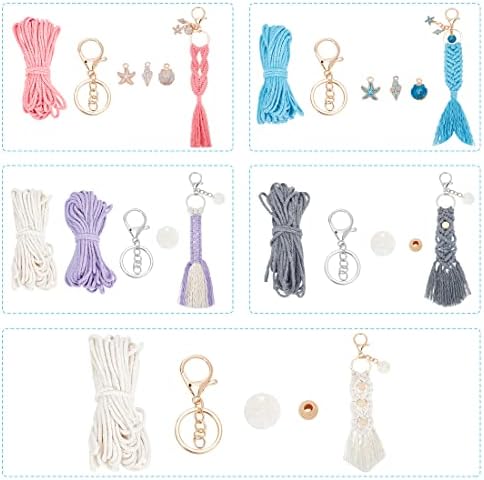 INFUNLY 5 Set Ocean Themed Macrame Kit for Adults DIY Macrame Wristlet Keychain Kits Macrame Boho Keychain with Tassels Cotton Cord Instruction for Car Key Purse Phone Wallet Charm - Image 6