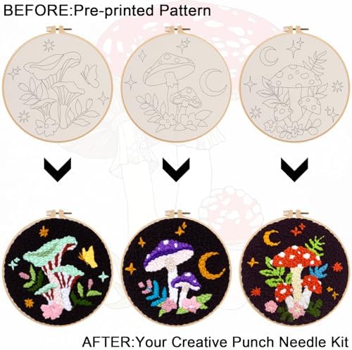 Nuberlic 3 Pack Punch Needle Kits for Beginners Mushroom Embroidery Pattern with Hoop Embroidery Punch Needle Starter Craft Set, Perfect Handmade Gift for Adults & Teens (Beginner-Friendly Crafts) - Image 7