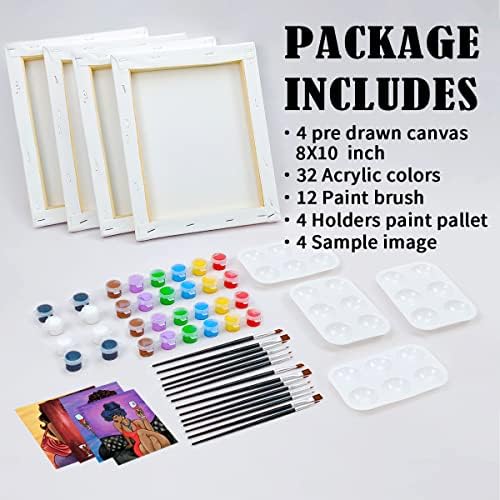 VOCHIC 4 Pack Canvas Painting Kit Pre Drawn Canvas for Painting for Adults Party Kits Paint and Sip Party Supplies 8x10 in 8 Acrylic Colors,3 Brush,1 Pallet Chic Girl Art Set - Image 5