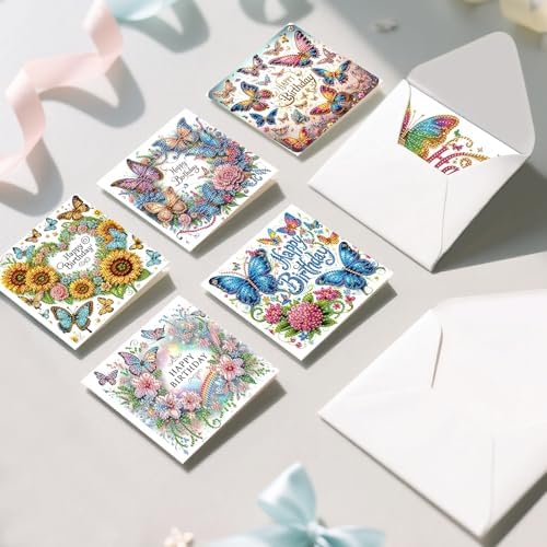 6 Pack Diamond Art Greeting Cards with Envelopes, DIY 5D Diamond Painting Birthday Card Kit with Butterflies and Flowers, 30x15cm Handmade Special Shaped Rhinestone Craft for Holiday and Birthday - Image 7