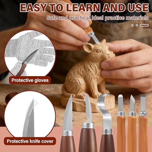 Wood Carving Kit, 19pcs Wood Carving Tools with 3 Wood Carving Knives 3 Detail Knives 8 Blocks, Whittling Kit DIY Art Craft Gift for Adults - Image 7