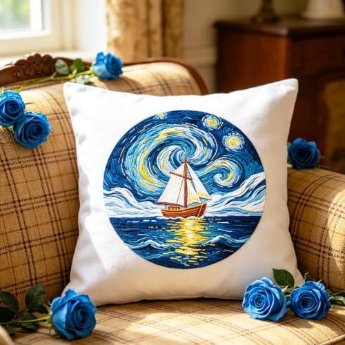 BEUNITONE 4pcs Embroidery Kit, Starry Sky & Beach Stamped Embroidery Kits with Hoop, Thread & Needles, Cross Stitch Kits Sewing Gifts for Adults and Beginners, DIY Craft for Relaxation - Image 7