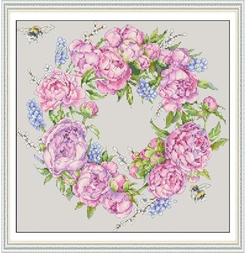 Howie's Cross Stitch Kits, 14CT Pre-Printed Pattern Embroidery Set Needlework, Full Range of Stamped Starter Kits(Pink Wreath, 14.96 x 14.96 inch) by HowiesNeedlepoint