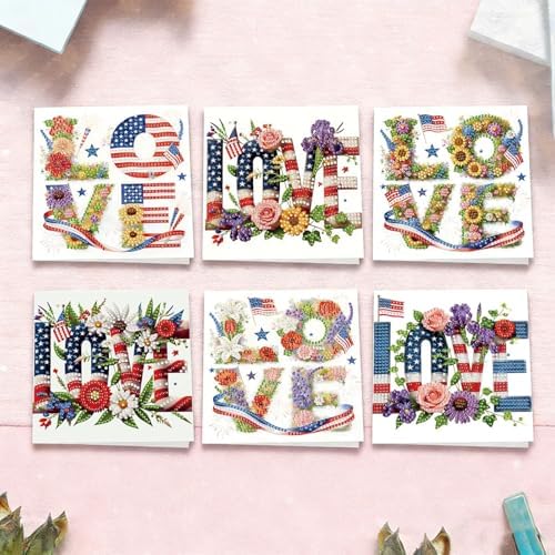 6Pcs 4th of July Diamond Art Greeting Card Kits with Envelopes Foldable Patriotic 5D Rhinestone Painting Card Mosaic Craft Kit for Independence Day Holiday Blessings Gift-LOVE - Image 7
