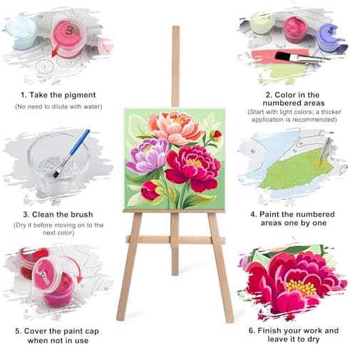 Lxmsja 4 Pack Colorful Peony Quartet Paint by Numbers Kit for Adults, Easy Framed Paint by Numbers for Adults Beginner, DIY Acrylic Oil Painting Craft Kits for Home Wall Decor 8x8 inch - Image 7