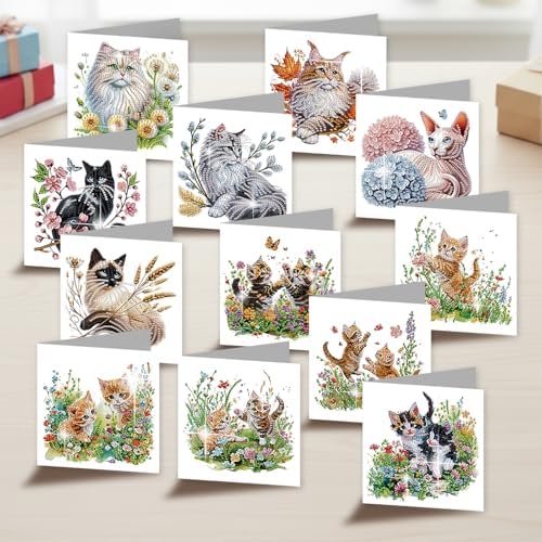 jinglinhh 12pcs Sphynx Cat Diamond Art Painting Kitten in the Flower Garden Greeting Cards with Envelopes, DIY Card Making Kits for Adults, Diamond Art Christmas Birthday Holiday cards Craft Gifts - Image 7