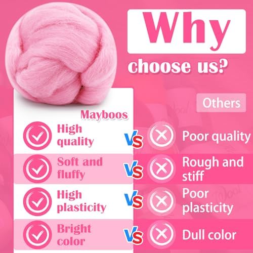 Mayboos 1.76oz Pink Natural Wool Roving, Needle Felting Wool - Image 6