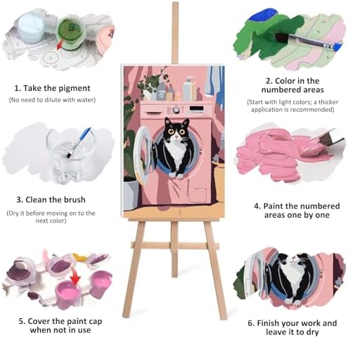 Lxmsja Cat Plants Paint by Numbers Kit for Adults, Washing Scene Acrylic Paint by Numbers for Adults Beginner, DIY Craft Supplies Oil Painting Kits for Home Wall Decor 8x12 inch (Framed) - Image 7