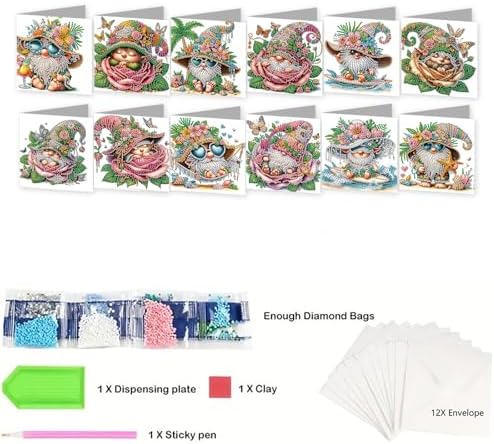 12 Pack Diamond Painting Greeting Cards Kit with Envelopes, 5D DIY Floral Hat Gnome Diamond Art Cards, Birthday Thank You All Occasion Cards for Women Adults Beginners - Image 7