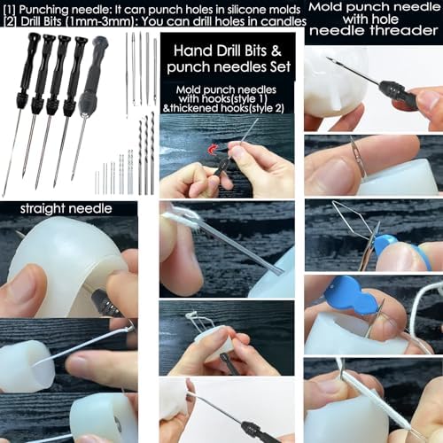 157PCS Professional Candle Making Kit with Soy Candle Wicks,7.9" Extra Long Big Hole Wicking Needle Hand Twist Drill Bits with Storage Bag,Mold Punch Set with Hook Eye for Inserting Candle&Mold Wicks - Image 7