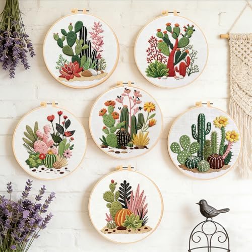 FREEBLOSS 6 Sets Embroidery Kit for Beginners Needlepoint Embroidery Starter Kit with Cactus Stamped Patterns, Instructions, Colored Threads, 2 Hoops 11.6"/29.5cm - Image 7