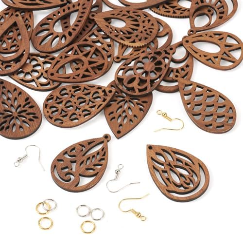 Elecrelive DIY Dangle Earrings Kits 11 Pairs Teardrop Walnut Wood Pendants Natural Wood Earring Blanks with Hooks for DIY Craft Jewelry Making - Image 7