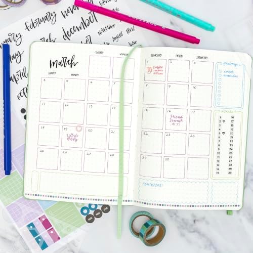 PAPERAGE Bullet Journal Kit, Dotted Journaling Set & Stationary Kit, Hardcover Dotted Journal Notebook (Sage Green), 12 fineliner Pens, 8 Sticker & 3 Stencil Sheets, 6 Washi Tapes - Image 6
