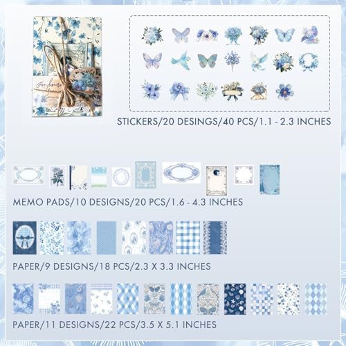 OKUPAN Scrapbook Supplies Kit – 100PCS Vintage Cottagecore Floral Scrapbook Paper & Stickers, 4 Sizes Pastoral Scrapbooking Supplies for Journaling, Card Making & DIY Gifts (Blue) - Image 7