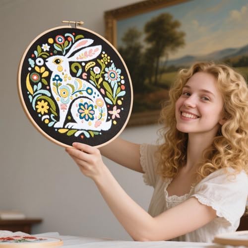 Crafmanoe Embroidery Kits for Beginners Adults, Flowers Rabbit Embroidery Starter Kits, Counted Cross Stitch Kits for Beginners Adults Hobbies Set for Women, Embroidery Hoops, Thread & Video Tutorial - Image 7