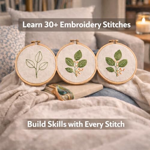 BUZZCRAFT Embroidery Starter Kit for Beginners & Adults, Learn 30+ Stitches, 10 Pre-Printed Practice Patterns, Hand Embroidery Kit with Hoop, Needles, Floss & Instruction Book, DIY Sewing Craft Kit - Image 7