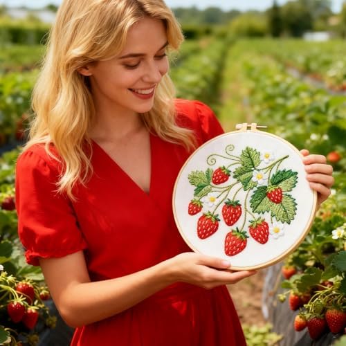 BEUNITONE 4 Set Strawberry Embroidery Kit for Adult Beginners 7.9"x7.9" DIY Stamped Needlepoint Kits with Pre-Printed Designs, Complete Handmade Embroidery Craft for Relaxing Hobby and Home Decor - Image 7
